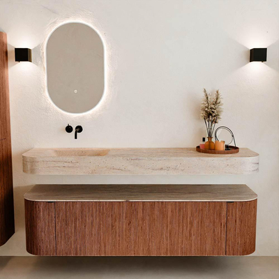 MONDIAZ THOR-DLUX 170cm meuble de salle de bains arrondi gauche + droite couleur Ruby avec 1 tiroir et 2 portes. Vasque suspendue CLOUD Gauche sans trou de robinet couleur Saba.