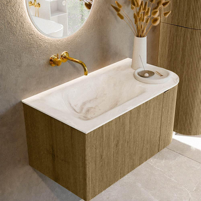 Mondiaz KURVE-DLUX Badkamermeubelset - 85x46x40cm - 1 lade - 1 deur - wastafel solid surface - links - zonder kraangat - Dusk