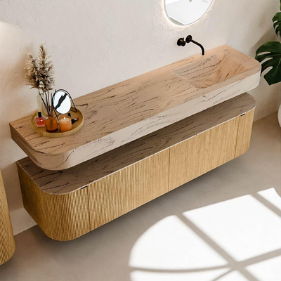 MONDIAZ THOR-DLUX 180cm badmeubel ronding links + rechts kleur Oak met 2 lades en 2 deuren. Vrijhangende wastafel CLOUD Rechts zonder kraangat kleur Arena.