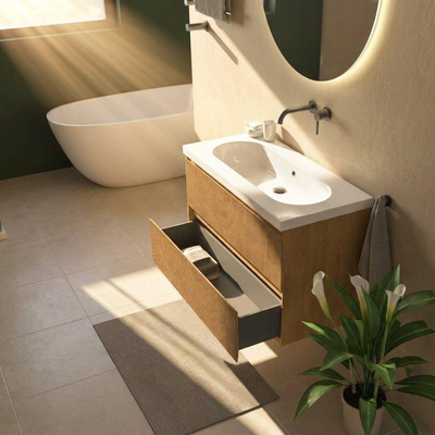 Saniclass Holz Atelier Ensemble de meubles de salle de bains - 100x45x63.5cm - lavabo Palermo en céramique blanc - 1 vasque - sans trou de robinetterie - 2 tiroirs - chêne natural mat (bois)