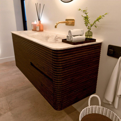 Mondiaz CIRO-DLUX Meuble de salle de bains - 120x45x50cm - Plan vasque solid surface Frappe - 1 vasque à droite - sans trous de robinetterie - 2 tiroirs - Noyer