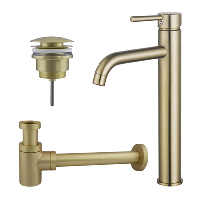 Fortifura Calvi Wastafelkraanset - verhoogde wastafelkraan - klikwaste plug - verlaagde design - sifon - PVD - geborsteld messing (goud)