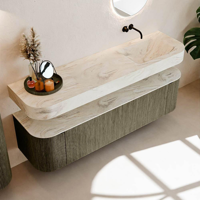 MONDIAZ THOR-DLUX Meuble de salle de bains - 170cm - arrondi gauche + droite - couleur Shadow - 1 tiroir - 2 portes - Vasque suspendue CLOUD Droite sans trou de robinet - couleur Ostra