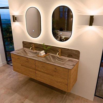 Mondiaz CIRO-DLUX Badkamermeubelset - 160x45x50cm - Solid surface wastafel Sombra - 2 wasbak Dubbel - 2 kraangaten - 4 lades - Oak