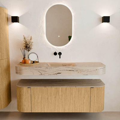MONDIAZ THOR-DLUX 140cm badmeubel ronding links + rechts kleur Oak met 1 lade en 2 deuren. Vrijhangende wastafel CLOUD Midden zonder kraangat kleur Arena.