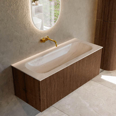 MONDIAZ KURVE-DLUX Meuble de salle de bains 110cm couleur Walnut avec 1 tiroir et 0 porte. Lavabo BIG MEDIUM Central sans trou de robinet Meli.