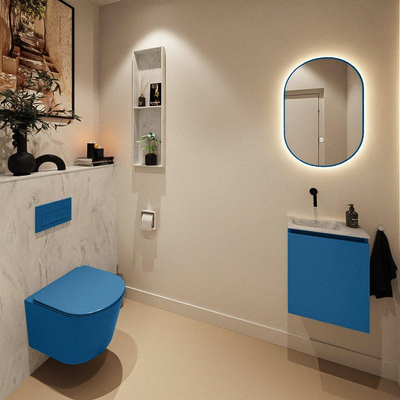 MONDIAZ TURE-DLUX Meuble toilette - 40cm - Jeans - EDEN - vasque Opalo - position gauche - sans trou de robinet