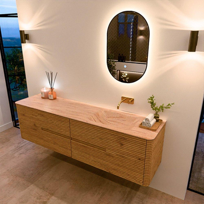 Mondiaz CIRO-DLUX Ensemble de meubles de salle de bains - 180x45x50cm - plan vasque Solid surface Saba - 1 vasque à droite - sans trous de robinetterie - 4 tiroirs - Chêne