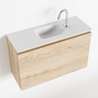 MONDIAZ OLAN Fonteinset - 80x30x40cm - 1 kraangat - 1 lade - washed oak mat - wasbak midden - Solid Surface Wit