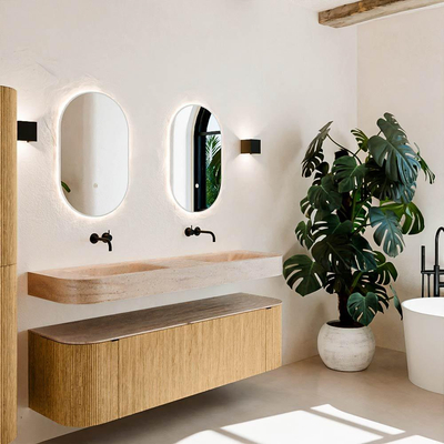 MONDIAZ THOR-DLUX 160cm meuble de salle de bains arrondi gauche + droite couleur Oak avec 1 tiroir et 2 portes. Vasque suspendue CLOUD Double sans trou de robinet couleur Saba.