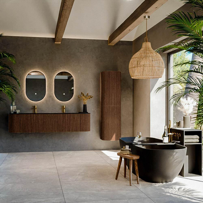 MONDIAZ KURVE 180cm Meuble salle de bain avec module 25 G et D - couleur Walnut - 2 tiroirs - 2 portes - vasque CLOUD double - 2 trous de robinet - Urban