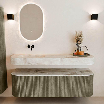 MONDIAZ THOR-DLUX 150cm meuble de salle de bains arrondi gauche + droite couleur Shadow avec 1 tiroir et 2 portes. Vasque suspendue CLOUD Gauche sans trou de robinet couleur Frappe.