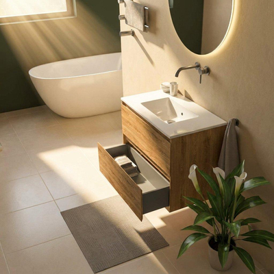 Saniclass Holz Pure Ensemble meuble de salle de bains - 80x45x62cm - Vasque Vygo en céramique blanche - 1 vasque - sans trou de robinet - 2 tiroirs - chêne natural mat (bois)