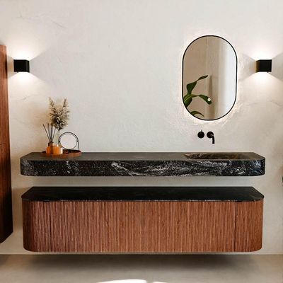 MONDIAZ THOR-DLUX Meuble de salle de bains - 190cm - arrondi gauche + droite - couleur Ruby - 2 tiroirs et 2 portes - Vasque suspendue CLOUD Droite sans trou de robinet - couleur Lava