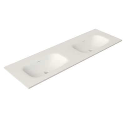 Saniclass Flow Meubelwastafel - 141x46x1.5cm - overloop - 2 wasbakken - zonder kraangaten - solid surface wit mat OUTLETSTORE