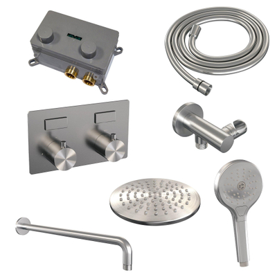 BRAUER Brushed Edition Douche de pluie encastrée thermostatique - boutons-poussoirs - SET 57 - tête de douche 20 cm - bras mural courbé - douchette 3 jets - flexible de douche - coude d’alimentation mural - inox brossé PVD