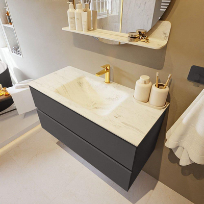 Mondiaz VICA-DLUX Ensemble de meuble de salle de bain - 100cm - meuble sous-vasque gris foncé - 2 tiroirs - lavabo encastré nuage milieu - 1 trou de robinet - version haute de 60cm - opalo