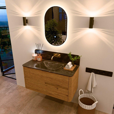 Mondiaz CIRO-DLUX Meuble de salle de bains - 100x45x50cm - Plan-vasque solid surface Lava - 1 cuve au milieu - sans trous de robinetterie - 2 tiroirs - Chêne