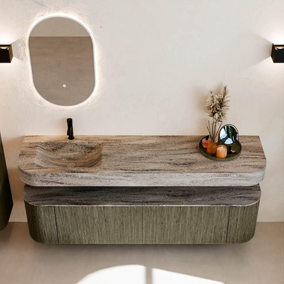 MONDIAZ THOR-DLUX 180cm meuble de salle de bains arrondi gauche + droite couleur Shadow avec 2 tiroirs et 2 portes. Vasque suspendue CLOUD Gauche 1 trou de robinet couleur Oza.