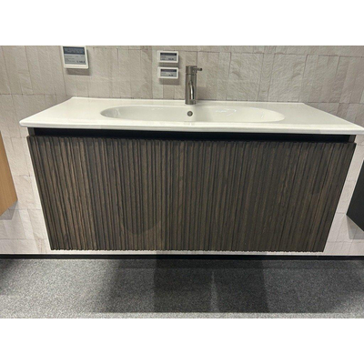 Saniclass Holz Base Badkamermeubelset - 100cm 1 keramische ovalen wasbak wit 1 kraangat 1 lade donker eiken SHOWROOMMODEL