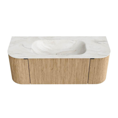 MONDIAZ KURVE-DLUX Meuble de salle de bains 120 cm avec module 25 Len R couleur Oak avec 1 tiroir et 2 portes. Lavabo BIG SMALL central 1 trou de robinet couleur Ostra.
