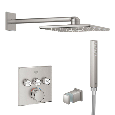 GROHE SmartControl Ensemble de douche encastrable - thermostatique - pommeau de douche carré - douchette stick - Supersteel brossé