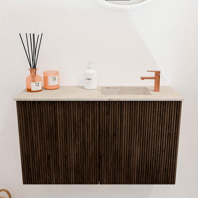 Mondiaz JOYA-DLUX 70cm toiletmeubel - kleur Walnut - Wastafel FAYE positie Rechts 1 kraangat kleur Frappe.