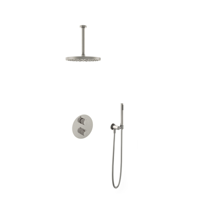 Hotbath Buddy IBS - Regendoucheset - 30cm plafondarm - 30cm ronde hoofddouche - staafhanddouche - 2-weg-omstel - geborsteld nikkel (RVS)