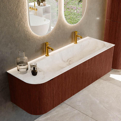 Mondiaz KURVE-DLUX Badkamermeubelset - 145x46x40cm - 1 lade - 1 deur - wastafel solid surface - rechts - 2 kraangaten - Ruby