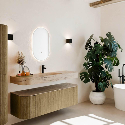 MONDIAZ THOR-DLUX 150cm meuble de salle de bains arrondi gauche + droite couleur Dusk avec 1 tiroir et 2 portes. Vasque suspendue CLOUD Milieu 1 trou de robinet couleur Arena.