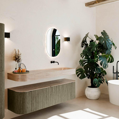 MONDIAZ THOR-DLUX 160cm meuble de salle de bains arrondi gauche + droite couleur Shadow avec 1 tiroir et 2 portes. Vasque suspendue CLOUD Droite sans trou de robinet couleur Saba.