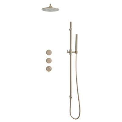 Fortifura Nebbio opbouw regendoucheset – 35 cm gebogen wandarm – 1-stands staafhanddouche – messing geborsteld