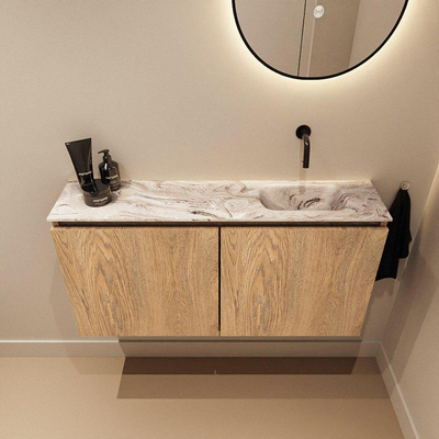 MONDIAZ TURE-DLUX Meuble toilette - 100cm - Washed Oak - EDEN - vasque Glace - position droite - sans trou de robinet