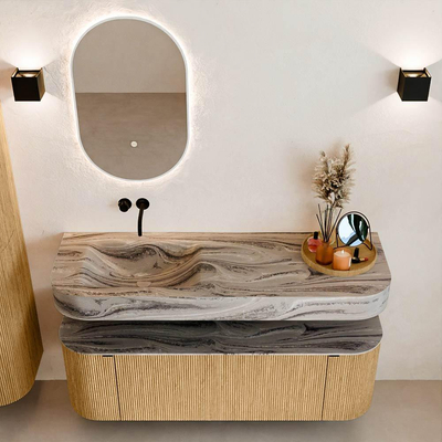 MONDIAZ THOR-DLUX 140cm badmeubel ronding links + rechts kleur Oak met 1 lade en 2 deuren. Vrijhangende wastafel CLOUD Links zonder kraangat kleur Sombra.