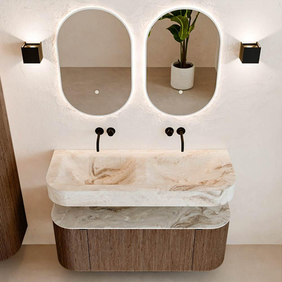 MONDIAZ THOR-DLUX 120cm badmeubel ronding links + rechts kleur Walnut met 1 lade en 2 deuren. Vrijhangende wastafel CLOUD Dubbel zonder kraangat kleur Frappe.