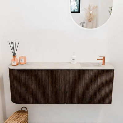 Mondiaz JOYA-DLUX 111.6cm toiletmeubel - ronding links kleur Walnut - Wastafel FAYE positie Rechts 1 kraangat kleur Ostra.