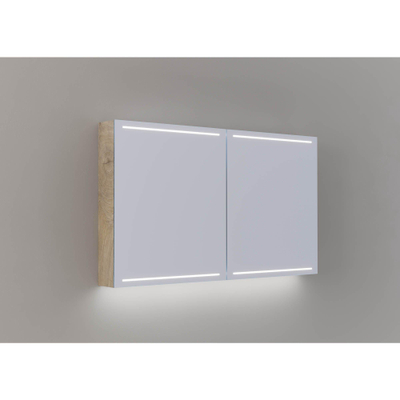 Thebalux spiegelkast type DeLuxe 70cm hoog, 2x deur, voorzien van schakelaar/stopcontact, indirecte LED in de onder-en bovenplaat, in de spiegelkast en bladverlichting, achterwand spieglkast grijs linnen kleur/structuur