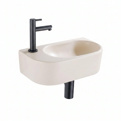 QeramiQ Fuente Fontein - 38x18.5x9cm - keramiek - fonteinkraangat links - fonteinkraan zwart mat - verlaagd sifon - afvoerplug - linnen