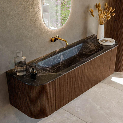 MONDIAZ KURVE-DLUX 150cm badmeubel met module 25 Len R kleur Walnut met 1 lade en 2 deuren. Wastafel BIG MEDIUM midden zonder kraangat kleur Lava.