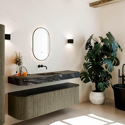 MONDIAZ THOR-DLUX 160cm meuble de salle de bains arrondi gauche + droite couleur Shadow avec 1 tiroir et 2 portes. Vasque suspendue CLOUD Milieu sans trou de robinet couleur Lava.