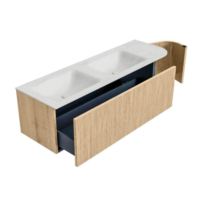 MONDIAZ KURVE-DLUX meuble de salle de bains 145 cm avec module 25 R couleur Oak avec 1 tiroir et 1 porte. Lavabo LEAF double / gauche sans trou de robinet couleur Opalo.