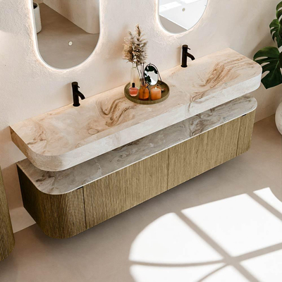 MONDIAZ THOR-DLUX 190cm meuble de salle de bains arrondi gauche + droite couleur Dusk avec 2 tiroirs et 2 portes. Vasque suspendue CLOUD Double 2 trous de robinet couleur Frappe.