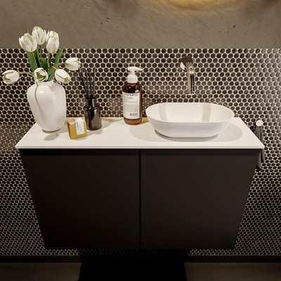 Mondiaz Fowy Toiletmeubel - 80x50x23cm - urban mat - 0 kraangaten - wasbak rechts - 2 deuren - solid surface - blad MDF - wasbak: wit