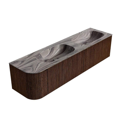 MONDIAZ KURVE-DLUX 175cm meuble de salle de bains arrondi à gauche couleur Walnut avec 2 tiroirs et 1 porte. Lavabo STOR SMALL Double / Droite sans trou de robinet Sombra.