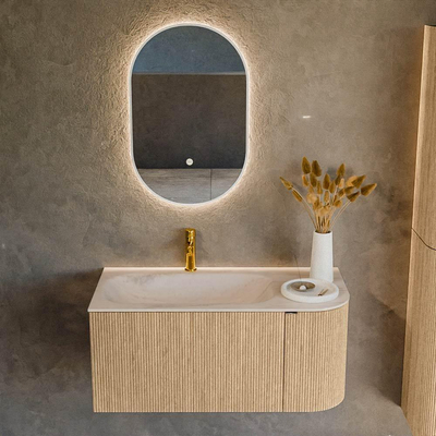 MONDIAZ KURVE-DLUX Meuble de salle de bains 95cm arrondi à droite couleur Chêne avec 1 tiroir et 1 porte. Lavabo BIG SMALL à gauche 1 trou de robinet Meli.