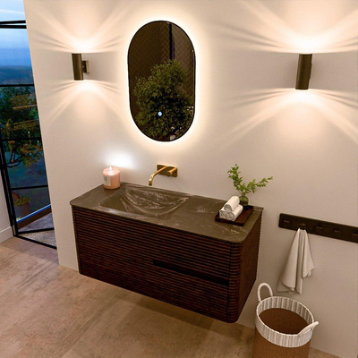 Mondiaz CIRO-DLUX Meuble de salle de bains - 110x45x50cm - Vasque en solid surface Lava - 1 lavabo à gauche - sans trous de robinetterie - 2 tiroirs - Noyer