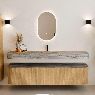 MONDIAZ THOR-DLUX Meuble de salle de bains - 190cm - arrondi gauche + droite - couleur Oak - 2 tiroirs et 2 portes - Vasque suspendue CLOUD Centre 1 trou de robinet couleur Oza