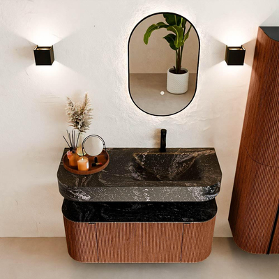 MONDIAZ THOR-DLUX Meuble de salle de bains 110cm arrondi gauche + droite couleur Ruby avec 1 tiroir et 2 portes. Vasque suspendue CLOUD Droite 1 trou de robinet couleur Lava.