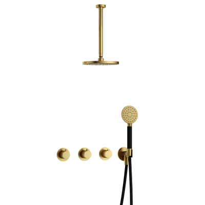 Hotbath Cobber IBS70 Regendoucheset - inbouw - 30cm plafondarm - 20cm ronde hoofddouche - 3 standen handdouche - PVD - geborsteld messing (goud)