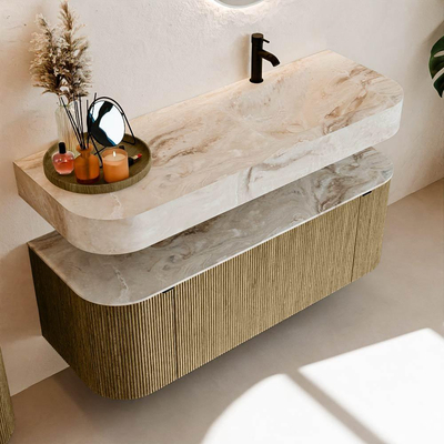 MONDIAZ THOR-DLUX Meuble de salle de bains 130cm arrondi gauche + droite couleur Dusk avec 1 tiroir et 2 portes. Vasque suspendue CLOUD Droite 1 trou de robinet couleur Frappe.